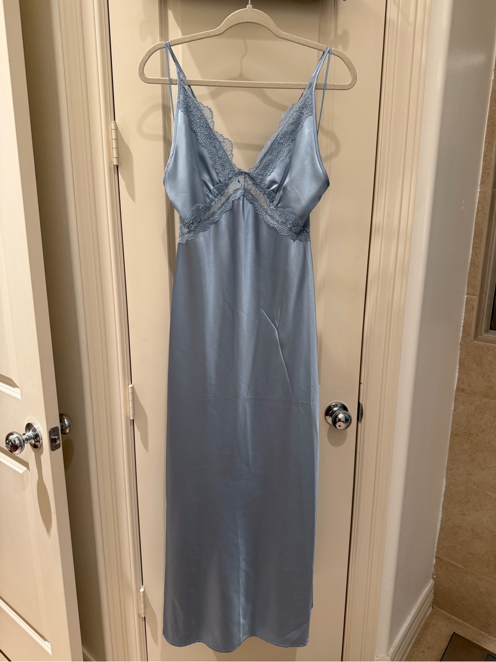 Sincerly Jules Light Blue Satin Dress with Lace Trim